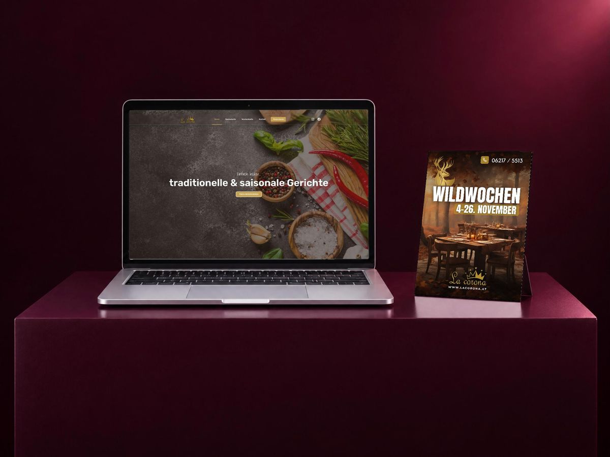 Website und Aktionsflyer des Restaurants La corona