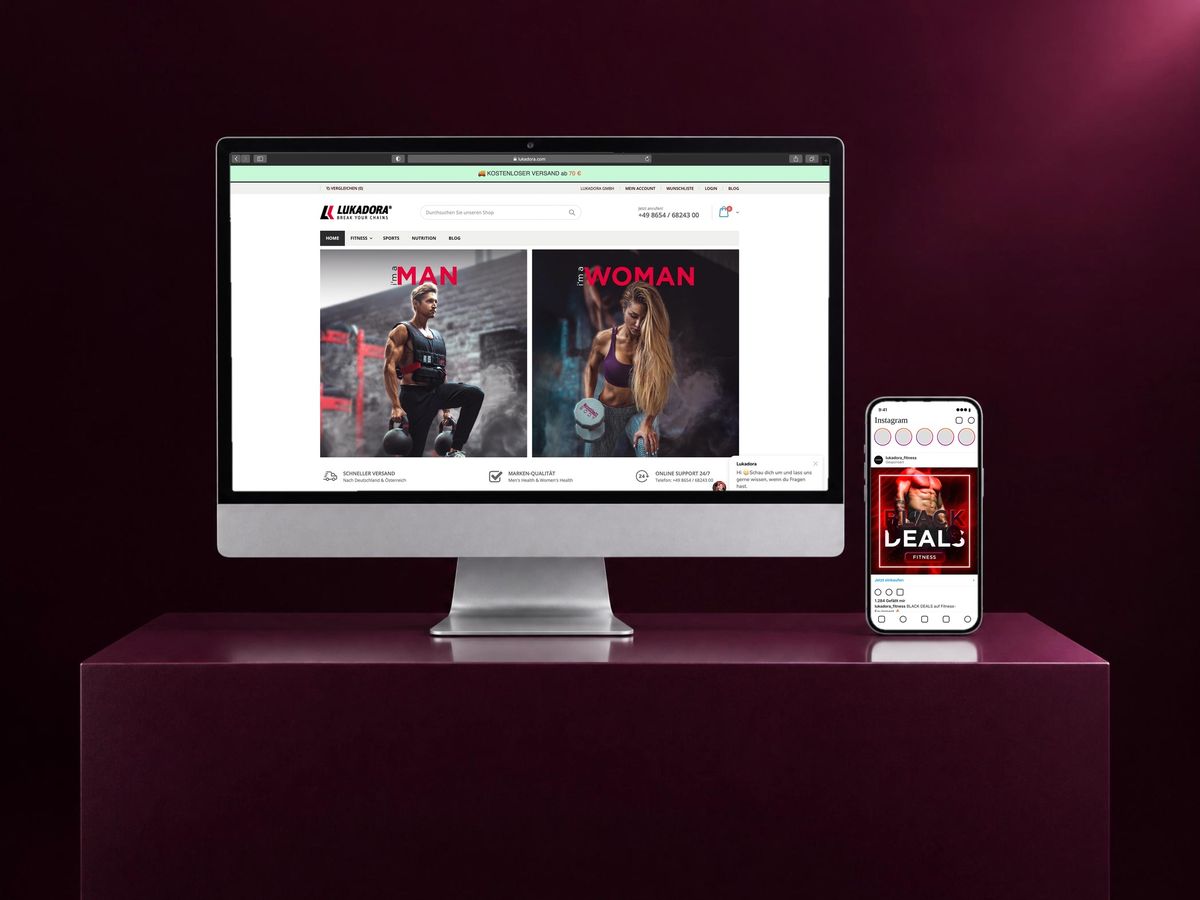 Onlineshop von Lukadora auf Monitor und Social-Media-Beitrag am Handy
