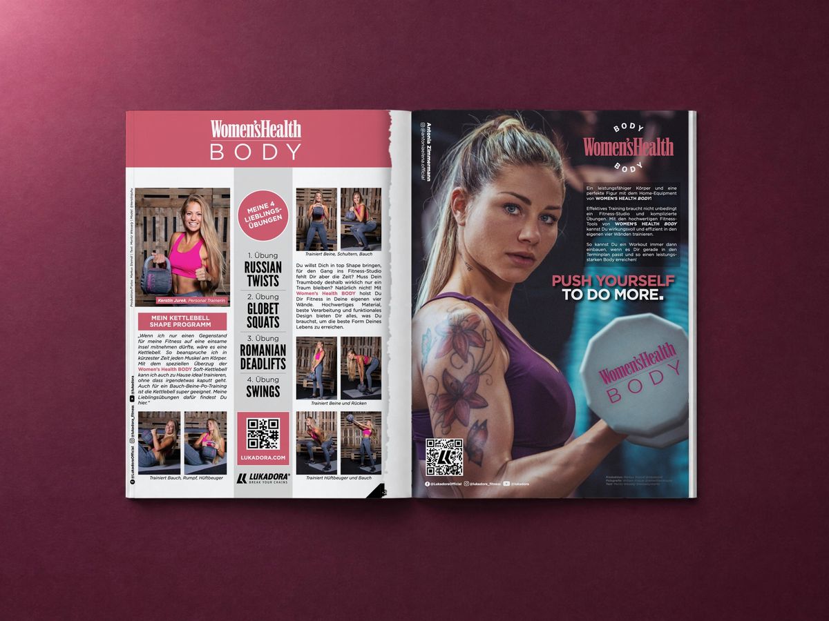 Aufgeschlagenes Magazin mit Anzeigen für Women's Health Body
