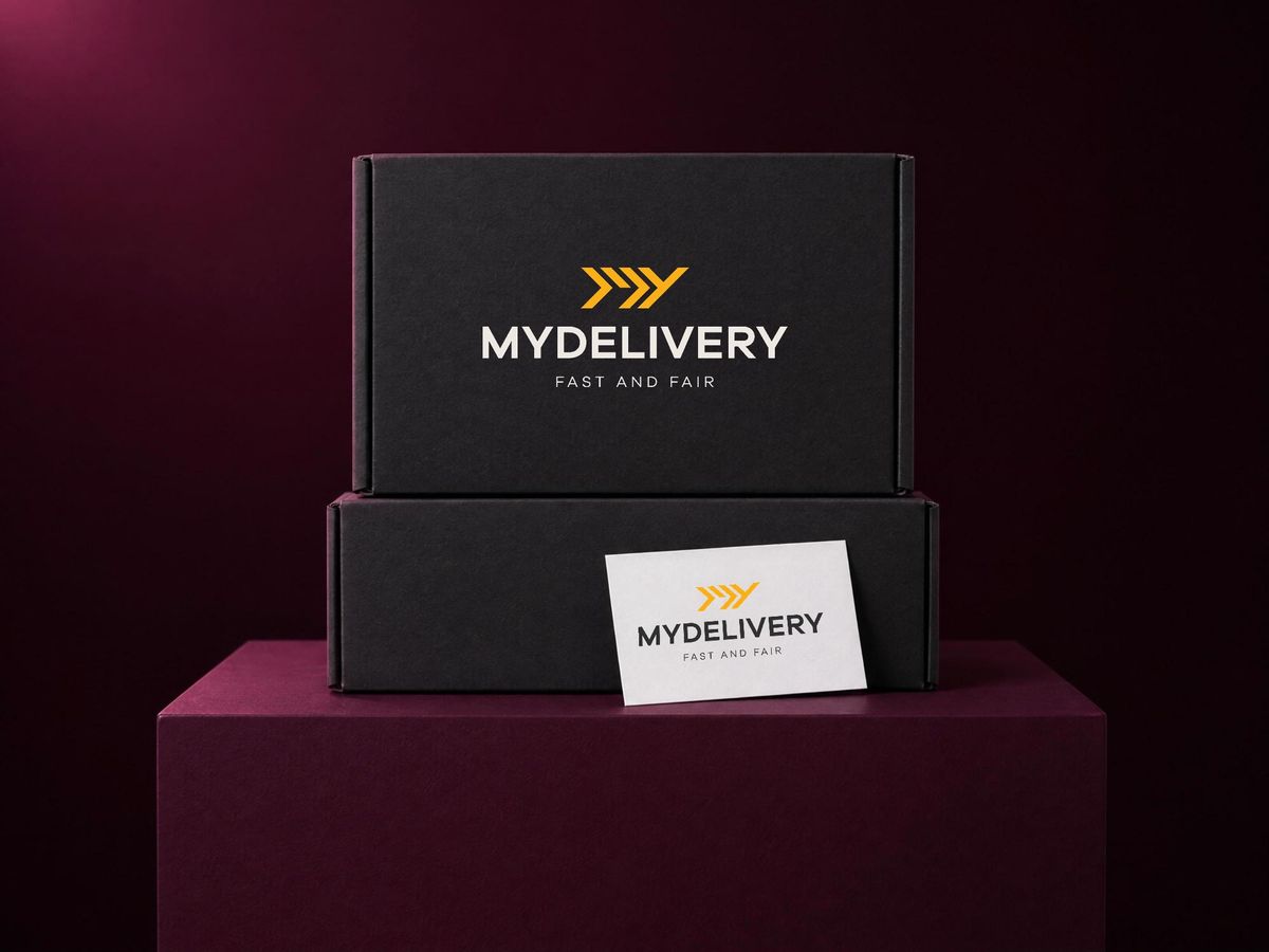 Versandkartons und Visitenkarte mit dem MyDelivery-Logo