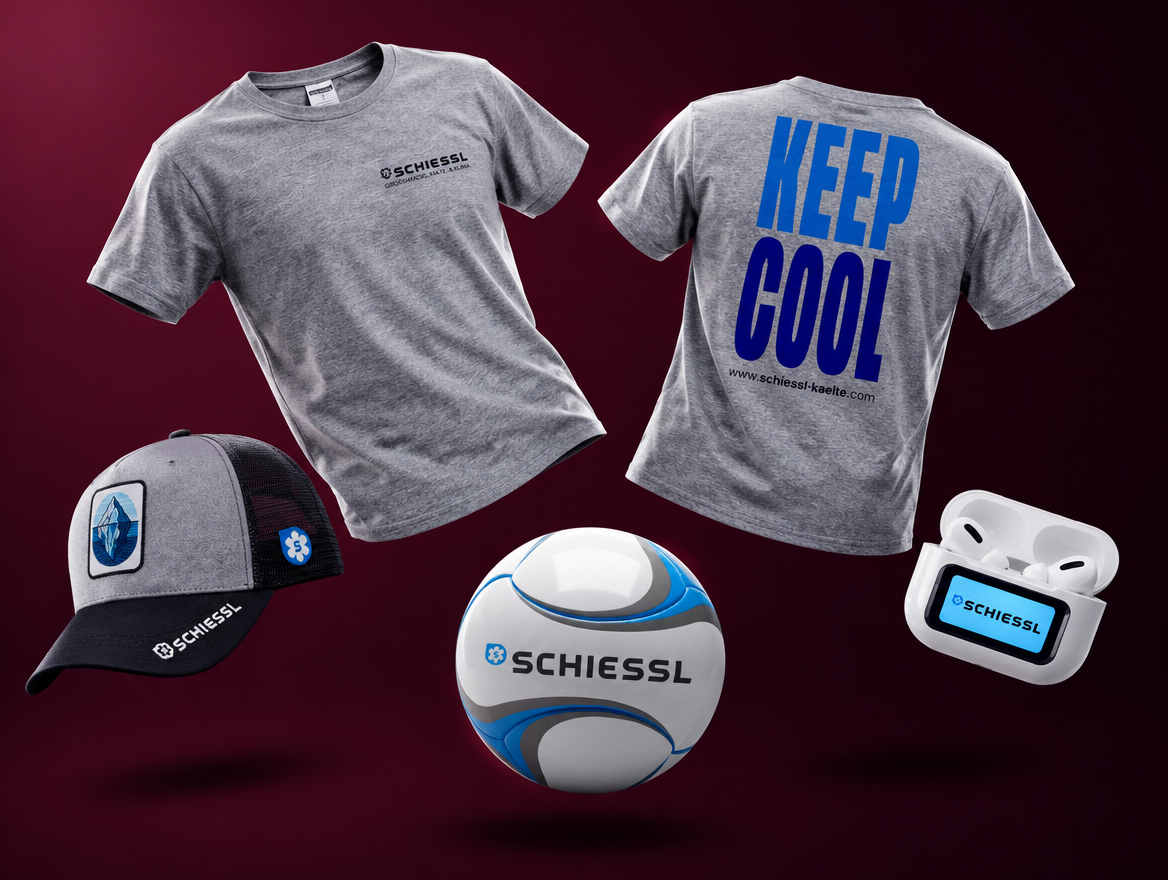Caps, Kopfhoerer, Mini-Baelle und Shirts mit Schiessl-Logo